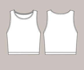 Vector technical sketch of crop top t shirt in white color. Back and front part.