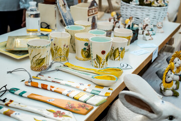 Happy colorful ceramics. Traditional Romanian handmade ceramics market at the potters fair from Sibiu, Romania