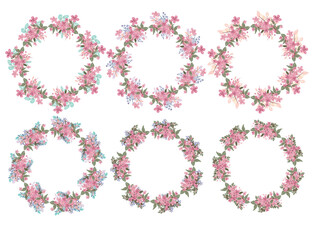 Beautiful set of hand-drawn wreath of green-yellow-red-pink-purple-blue pastel-colored floral on white background