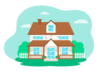 Fototapeta na wymiar A two-story cottage or a house with a white fence. Vector flat illustration.