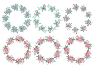 Beautiful set of hand-drawn wreath of green-yellow-red-pink-purple-blue pastel-colored floral on white background