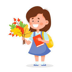 Little cute schoolgirl with a backpack and a bouquet of autumn leaves. Back to school concept.