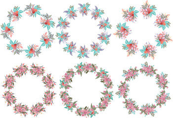 Beautiful set of hand-drawn wreath of green-yellow-red-pink-purple-blue pastel-colored floral on white background