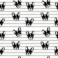 Vector monochrome pattern with dogs faces. Wallpaper with French bulldog.