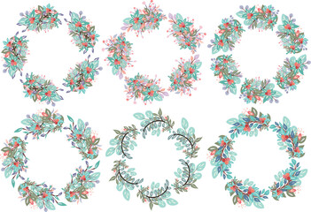 Beautiful set of hand-drawn wreath of green-yellow-red-pink-purple-blue pastel-colored floral on white background