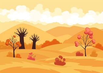 Fototapeta na wymiar Vector autumn landscape field with trees and fallen yellow foliage. Countryside panorama view mountains and white clouds on orange sky. Fall season banner background