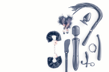 Sex toys (dildo, fur handcuffs, vibrator, massager, butt plug, leather whip, nipple protectors with...