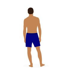 Male character in shorts stands with his back on a white background