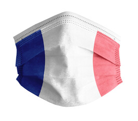 Mascarilla sanitaria para Covid con fondo blanco y la bandera de Francia 
