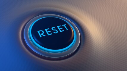 Blue glowing reset button on metallic background. 3D rendering - obrazy, fototapety, plakaty