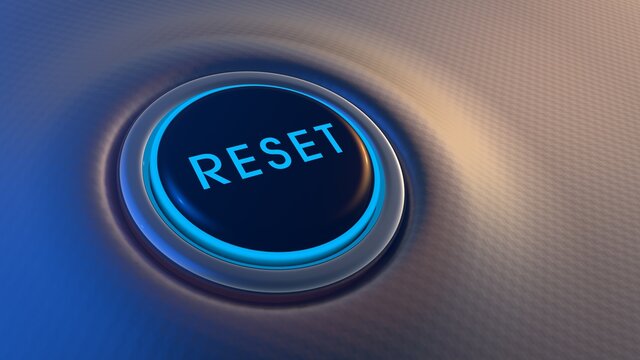 Blue glowing reset button on metallic background. 3D rendering
