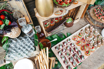 Top view of delicious appetizers on luxury wedding snack bar. Table catering with canapes and salads. Preparing for eating on birthday celebration. Concept of beautiful unhealthy nutrition, carories.