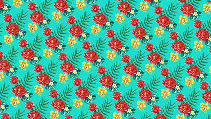 Tropical pattern with flowers on the blue background. 