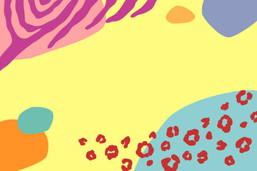 Vector abstract background with copy space. Trendy colors and shapes, leopard and zebra print.