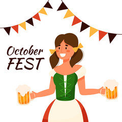 A young girl in a national costume holds mugs with beer in her hands. Design for october fest, brewery, bar or restaurant. The concept of German culture and traditions. Vector flat illustration.