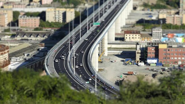 Top view of the new San Giorgio bridge in Genoa, Italy. Tilt Shift.