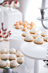 Side view of delicious white glaze mousse desserts on tender wedding candy bar. Sweet buffet on beautiful birthday celebration. French patisserie recipes. Concept of tasty nutrition full of calories.