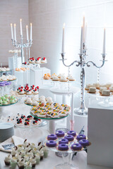 Front view of desserts, donuts, decorated cupcakes on white table with burning candles. Birthday catering with delicious colorful pattieserie. Wedding sweet bar. Concept of yummy sweet delicatessen.