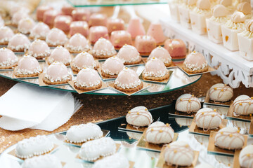 Front view of baked beautiful desserts with decoration. Master class of cooking mousse patisserie. Luxury all inclusive at restaurant. Wedding sweet catering. Concept of food taste and yummy culinary.