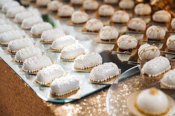 Front view of white charming decorated mousse desserts and cupcakes. Delicious wedding sweet buffet. luxury pre party of prom with patisserie. Calories in sweet food. Concept of yummy dish in bakery.