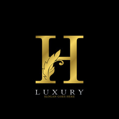 Golden Luxury Feather Initial Letter H Logo Icon, creative alphabet vector design concept