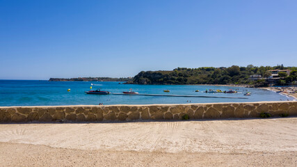 Aerial view of St Nicholas Beach and church, Zakynthos, Greece