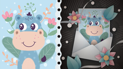 Cute hippo character idea for greeting card.