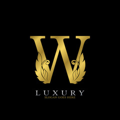 Golden Luxury Feather Initial Letter W Logo Icon, creative alphabet vector design concept
