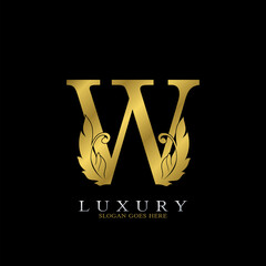 Golden Luxury Feather Initial Letter W Logo Icon, creative alphabet vector design concept