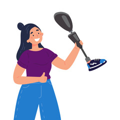 Disabled woman presents a prosthesis.Caucasian lady with artificial limb isolated cartoon character on white background.Advertising concept.Vector flat style cartoon illustration.