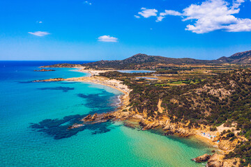 Panorama of the wonderful beaches of Chia, Sardinia, Italy. View of beautiful Chia bay and wonderful beaches, Sardinia island, Italy. Beautiful sea and bay on Su Guideu beach, Sardinia island, Italy