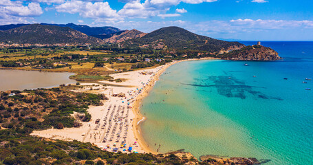 Panorama of the wonderful beaches of Chia, Sardinia, Italy. View of beautiful Chia bay and...