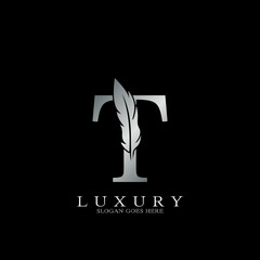 Silver Luxury Feather Initial Letter T Logo Icon, creative alphabet vector design.