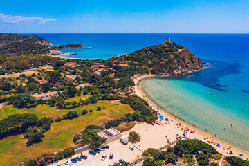 Panorama of the wonderful beaches of Chia, Sardinia, Italy. View of beautiful Chia bay and wonderful beaches, Sardinia island, Italy. Beautiful sea and bay on Su Guideu beach, Sardinia island, Italy