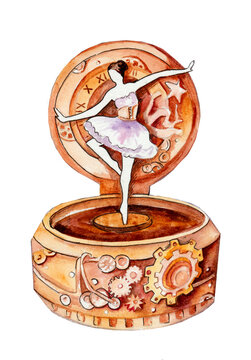.Watercolor drawing of a music box with a dancing ballerina in the steampunk style