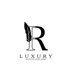 Monogram Luxury feather Initial Letter R Logo icon, vector design concept feather with alphabet letter for business corporate, lawyer, notary, firm