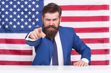 Man officiary placement working for american government USA flag background, inspired speaker...