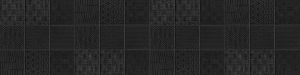 Seamless black anthracite vintage retro geometric square mosaic motif cement concrete stone tiles texture wide background banner panorama