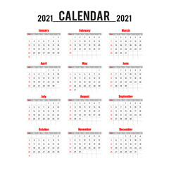 Simple calendar Layout for 2021 years in English. Week starts from Sunday. Vector illustration, isolated objects.