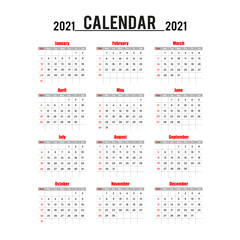 Simple calendar Layout for 2021 years.