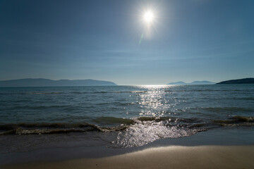 Fototapeta premium View of the beach on zvernec. On the horizon is the Peninsula of Karaburun and the island of Sazan.