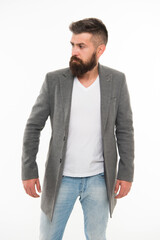 Fototapeta premium Simplicity is key. Stylish casual outfit. Menswear and fashion concept. Man bearded hipster stylish fashionable jacket. Casual jacket perfect for any occasion. Consultation of stylist. Modern outfit
