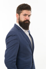 Getting serious hair volume. Bearded man with unshaven facial hair. Professional businessman isolated on white. Hipster with mustache and beard hair. Barbershop. Hair salon. At barbers