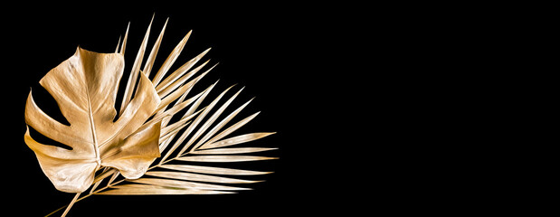 Golden palm leaves. Isolated on black. High quality photo.