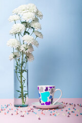 White flowers similar to cotton flakes with a green stem or branch in a glass vase with water on a blue and pink background with a posillo with colored hearts and chocolate chips or droplets or tears