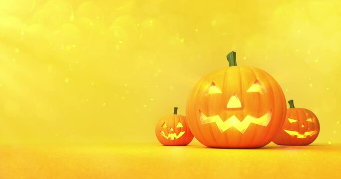 Three glowing halloween pumpkins on right side of orange background and flying particles in the air. Halloween holiday topic as seamless loop 4k video background.