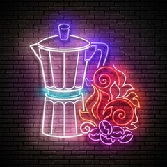 Glow Geyser Coffee Maker and Roasted on Fire Coffee Beans. Cafe Label, Morning Drink. Neon Poster, Flyer, Banner, Invitation. Brick Wall. Vector 3d Illustration