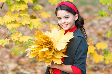 Carefree and happy. happy kid enjoy weather. small girl in autumn leaves. fall time. child with long hair in fall forest. beauty of nature. kid in autumn park. cheerful girl with yellow maple leaves