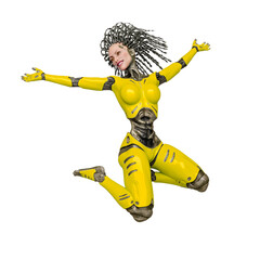 super cyborg is jumping with happiness