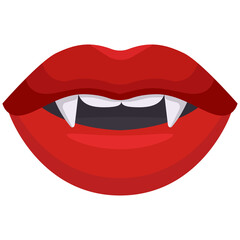 vector illustration. Red lips with vampire fangs.